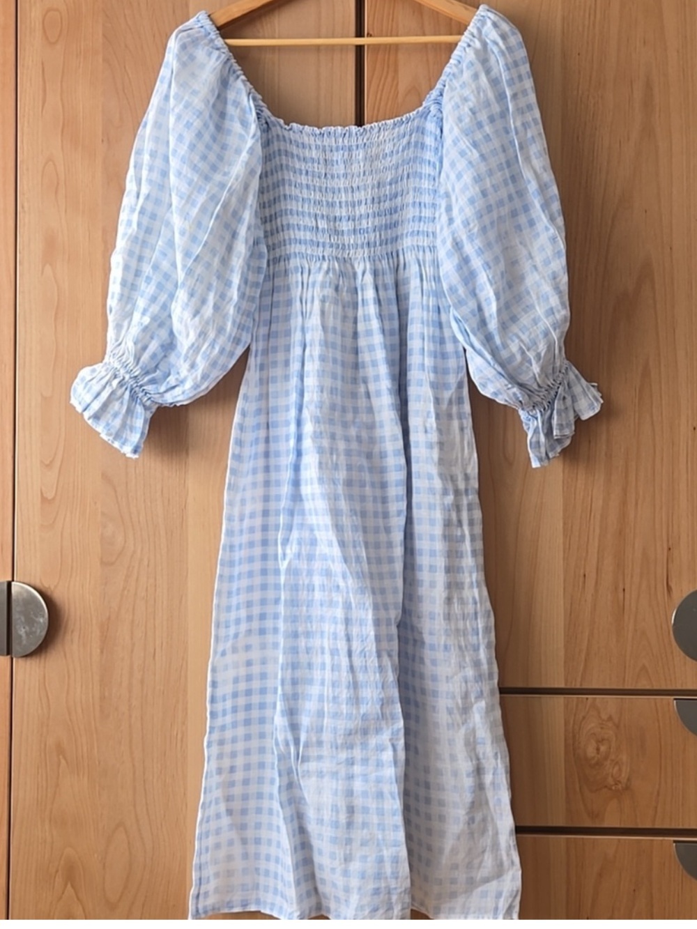 Sleeper Blue Gingham Puff Sleeve Dress, 100% Linen, XS, Comfortable, Casual